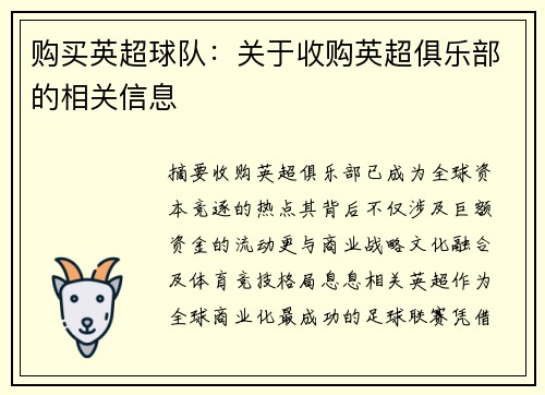 购买英超球队：关于收购英超俱乐部的相关信息