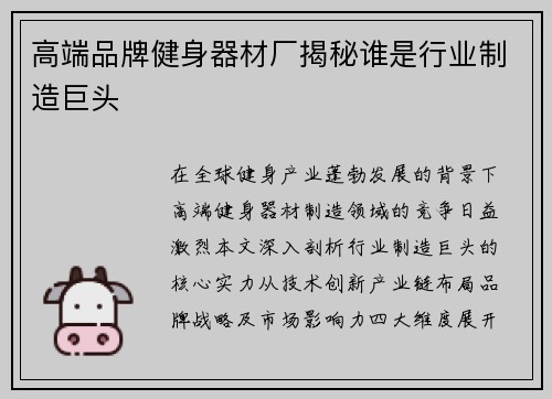 高端品牌健身器材厂揭秘谁是行业制造巨头